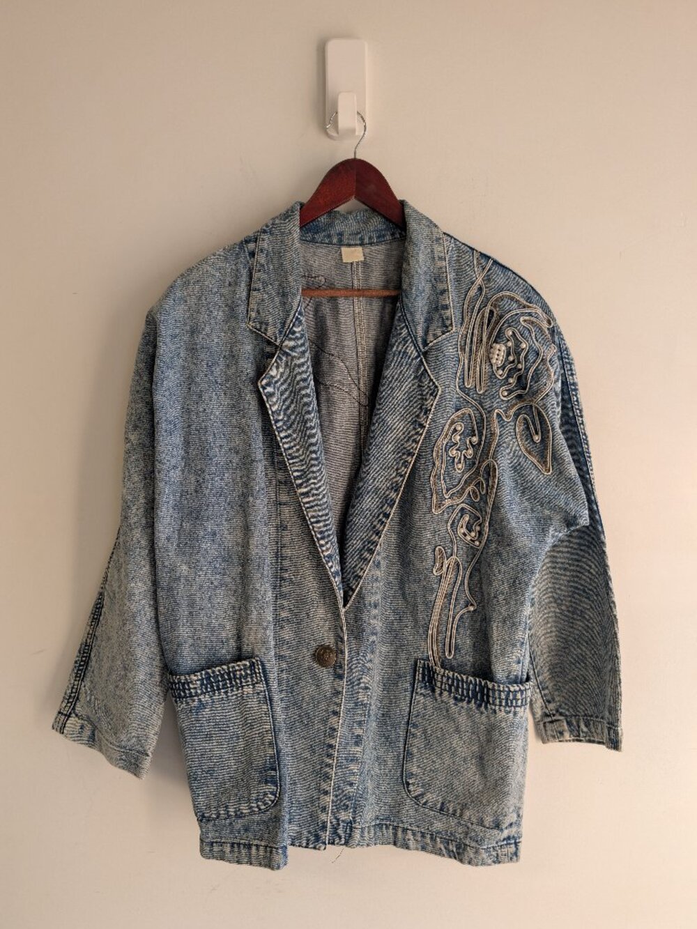 Vintage Denim 80s 90s Jacket with distressed acid wash and 3D embellishment